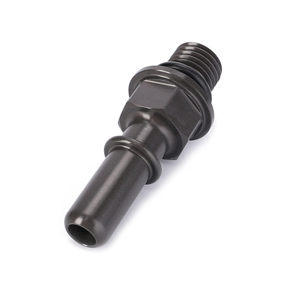 The AGCO | Def Connector - V837079474 is a single black metallic hydraulic hose connector with a threaded end and smooth cylindrical body, compatible with AGCO equipment.