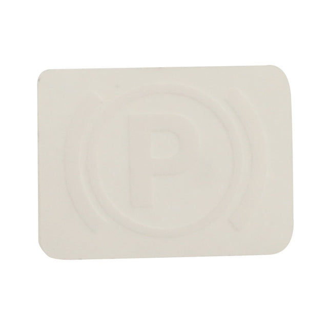 A rectangular white parking permit, the AGCO Decal - Acp0340180, featuring a faintly embossed "P" in the center, perfect for ensuring your vehicle is always authorized in restricted areas.