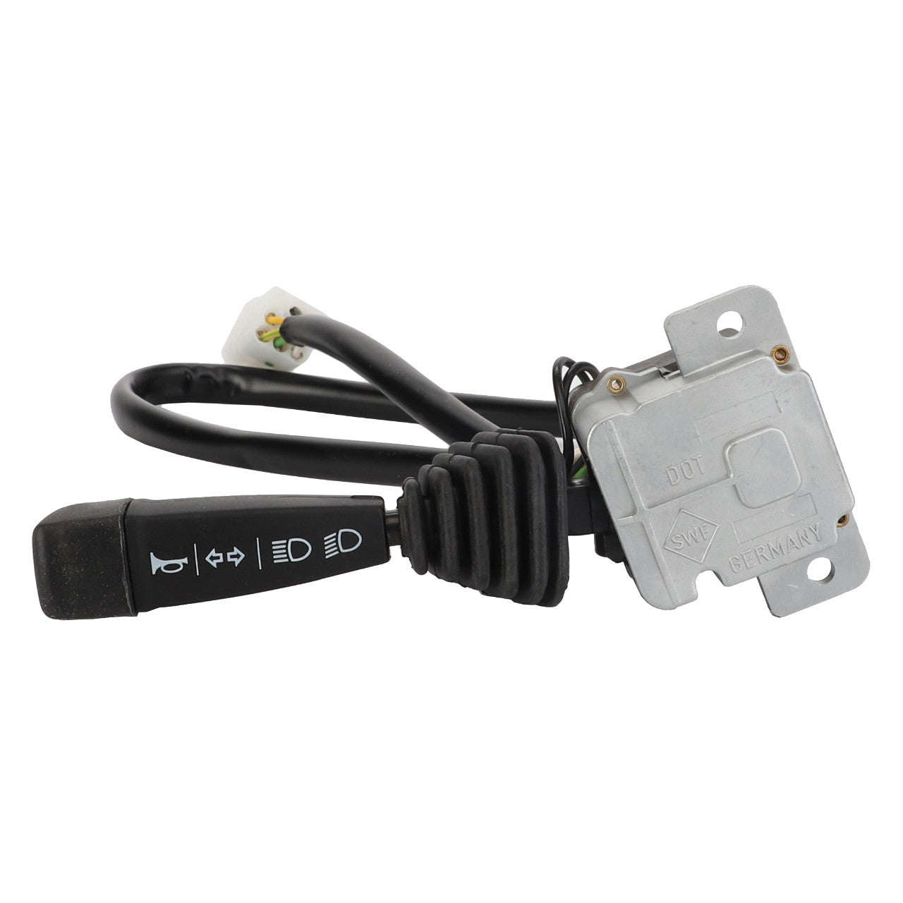 The AGCO | TURN SIGNAL SWITCH - AG719075 is a black automotive turn signal lever switch featuring various icons on the lever. It is connected to a wiring harness and comes with a metal mounting bracket. No current product description information is available.