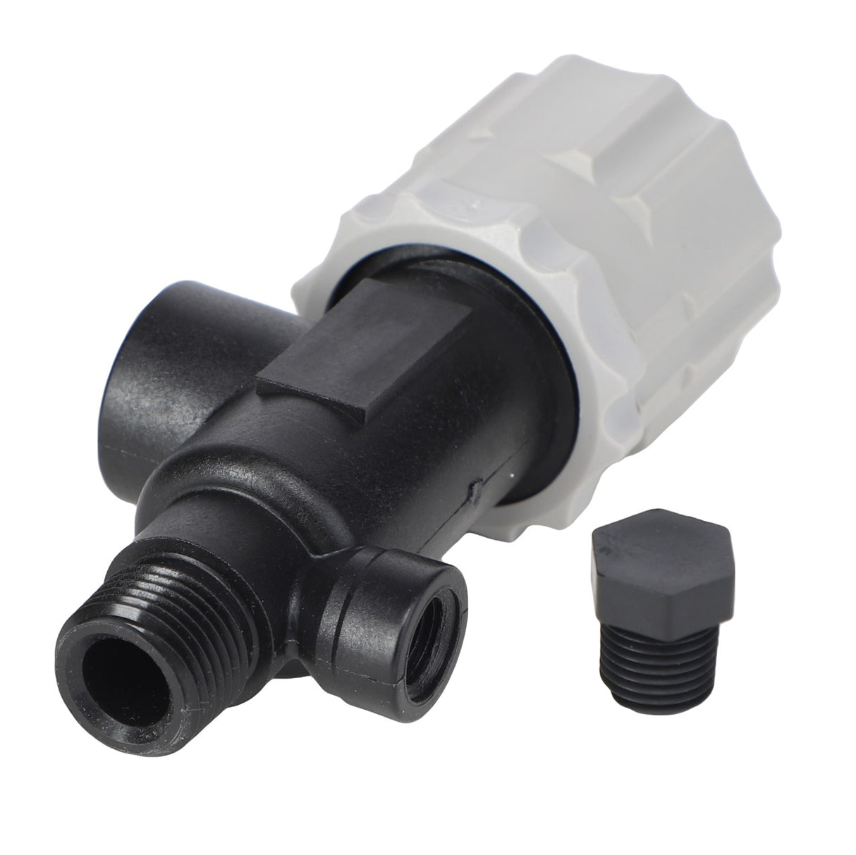 A plastic inline tap with a white grip and black body, shown with a separate black plug next to it. For ordering information or assistance regarding the AGCO | PRESSURE RELIEF VALVE - AG050436, please contact our support team.