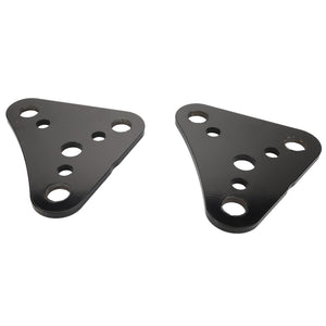 Two AGCO branded LINK - AL5214126 black metal brackets feature multiple circular holes arranged in triangular shapes, side by side on a plain white background.