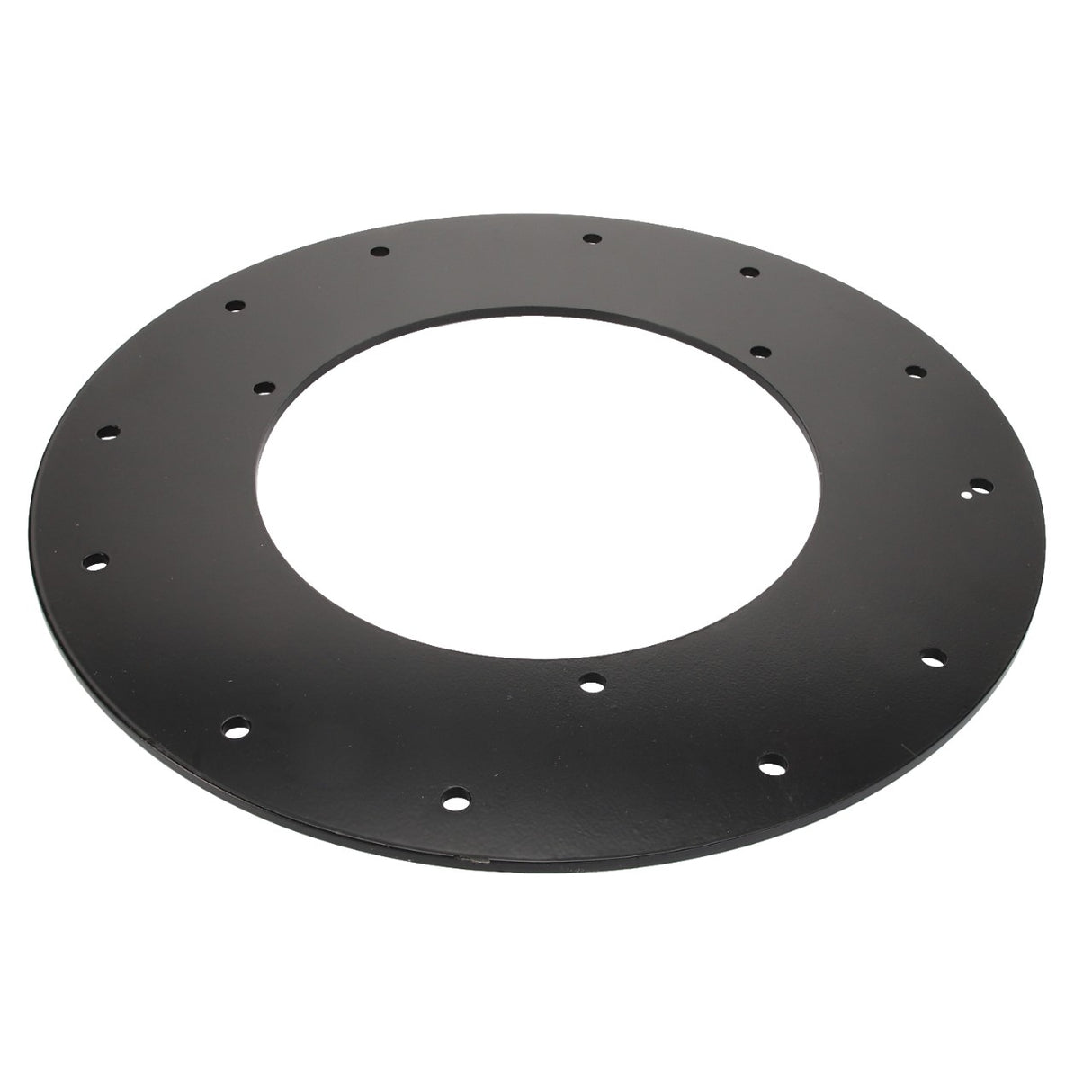 The AGCO | LINK - D28286379 by AGCO is a sleek, circular black metal disc with a large central hole and multiple smaller holes evenly spaced around the perimeter.