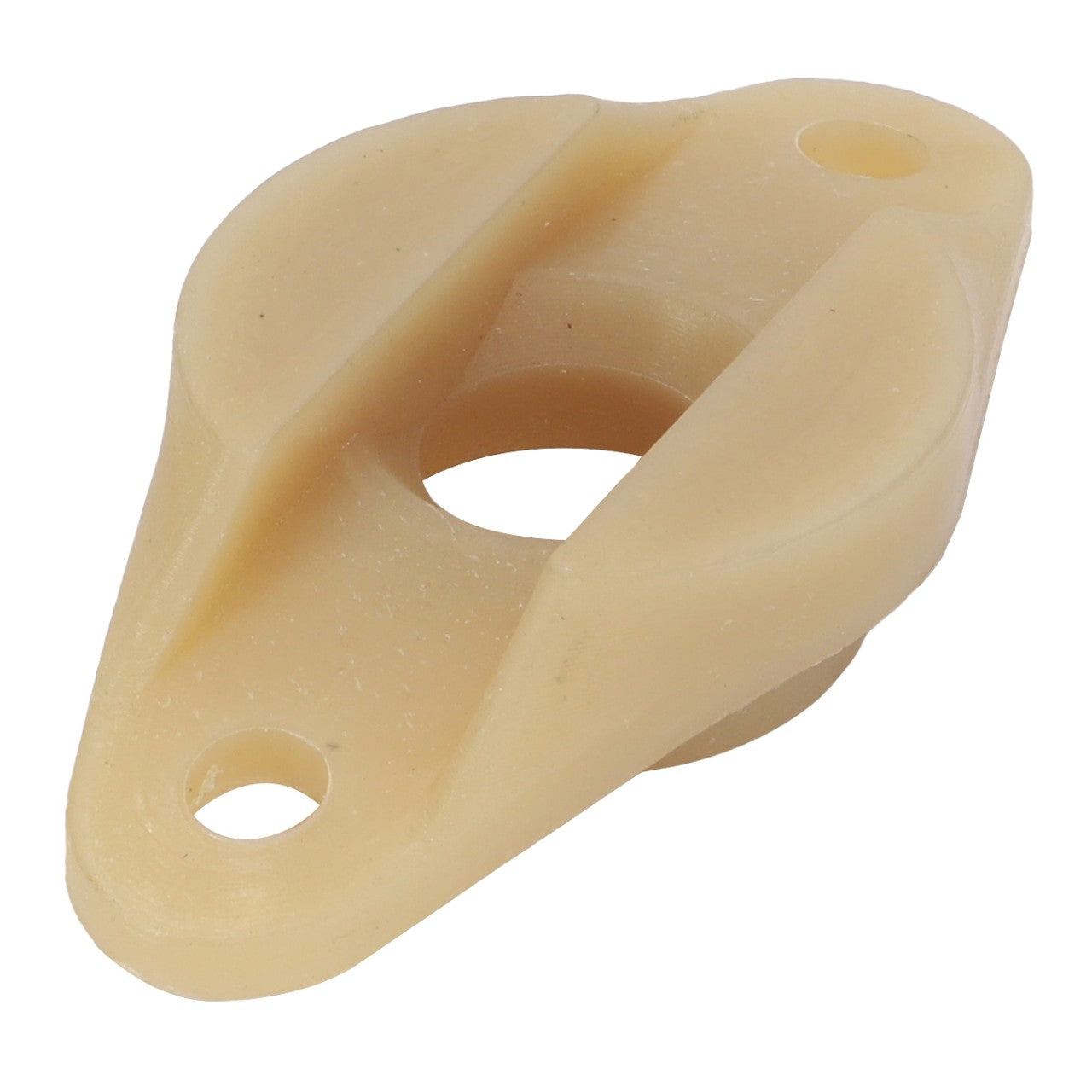 Close-up of the AGCO GUIDE - ACY1126710, a beige plastic mechanical part featuring two holes, a central circular cutout, and a slotted groove. No current product description available.