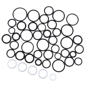 A variety of black and white O-rings of different sizes, displayed on a white background, ideal for 4WD or Massey Ferguson uses; part of the AGCO Kit, Joint - 3792241M1.