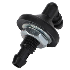 Close-up of the AGCO Union - Acp0213890, a black plastic and metal automotive component featuring a threaded body, a hexagonal nut, and an angled nozzle opening. No current product description available.