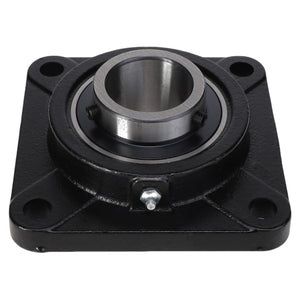 Image of the AGCO | FLANGE BEARING - AG704187, a black square flange bearing housing with four mounting holes and a central cylindrical opening, designed for mechanical and industrial applications. No current product description information is available.