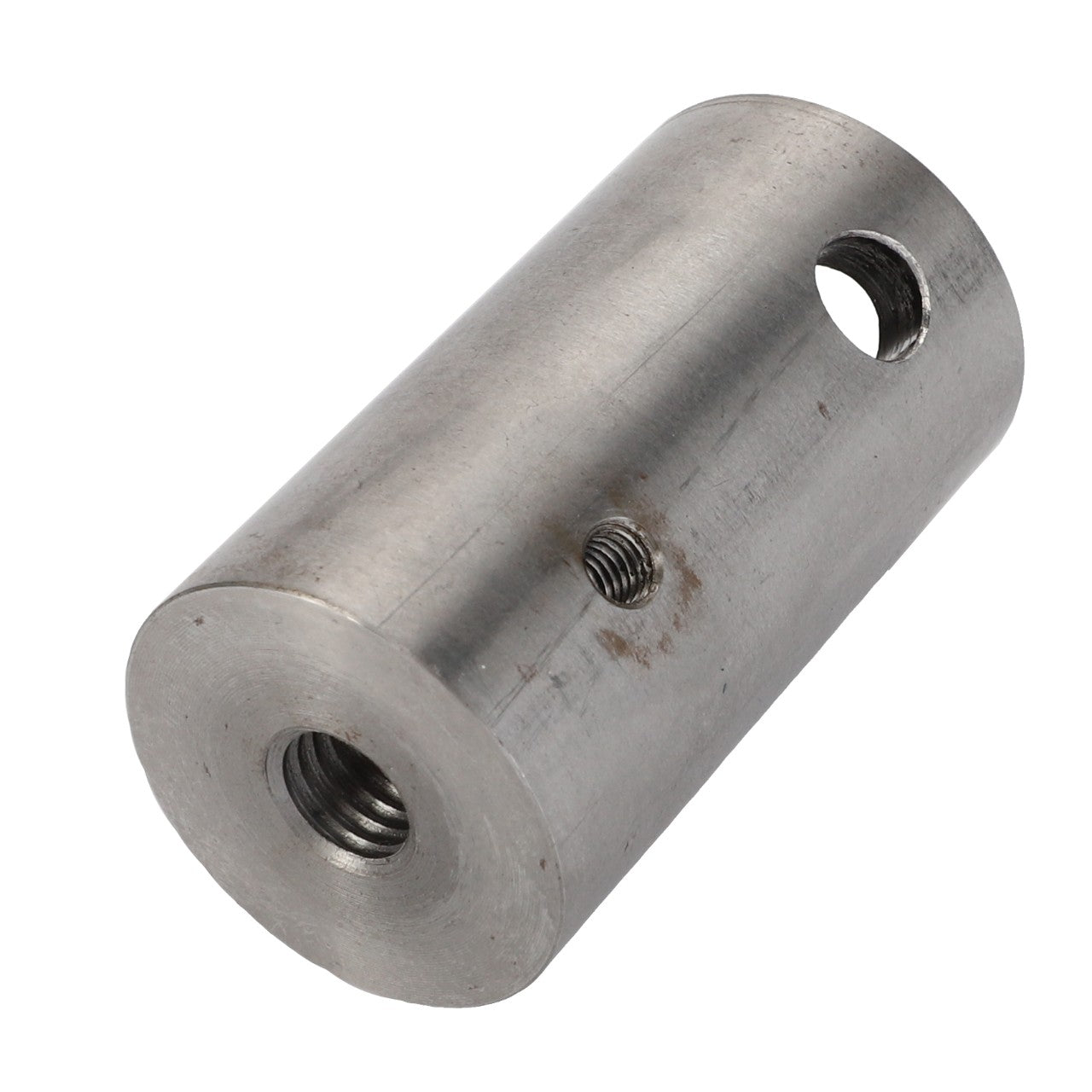 A cylindrical metal rod with threaded holes on the side and one end, known as the AGCO | ADAPTER - D28185108 by AGCO.