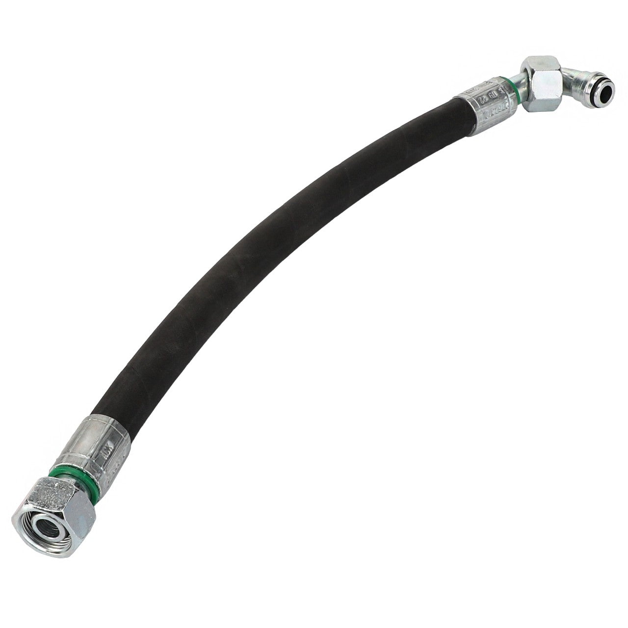 The AGCO Hydraulic Hose - Acx2762310 is a flexible black hose featuring metal connectors on both ends, with one being straight and the other angled.