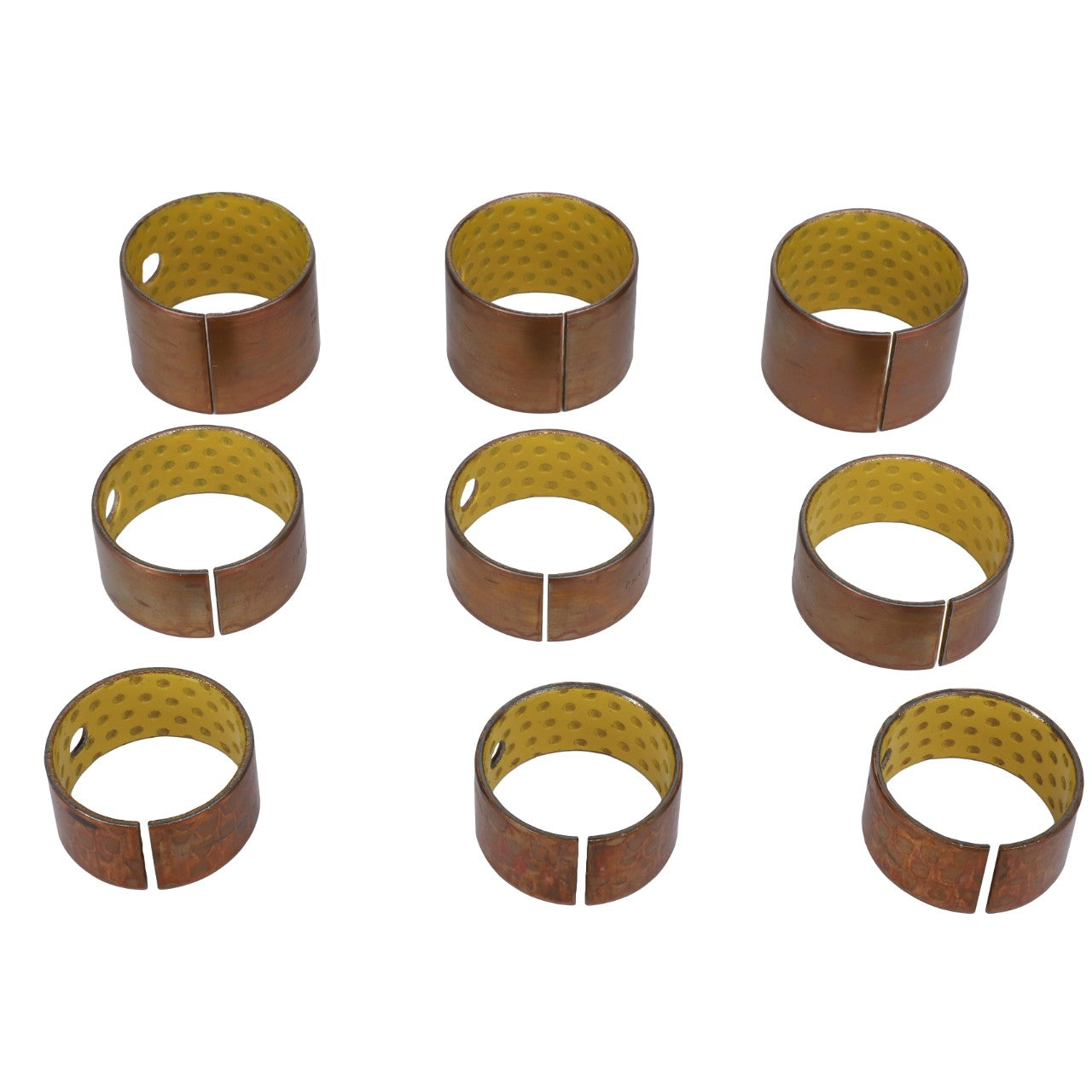 Nine AGCO cylindrical brass bushings (Product Code: AL5018912) with a yellow, textured inner surface, each featuring a split and a hole, arranged in a grid pattern on a white background. No additional information available.