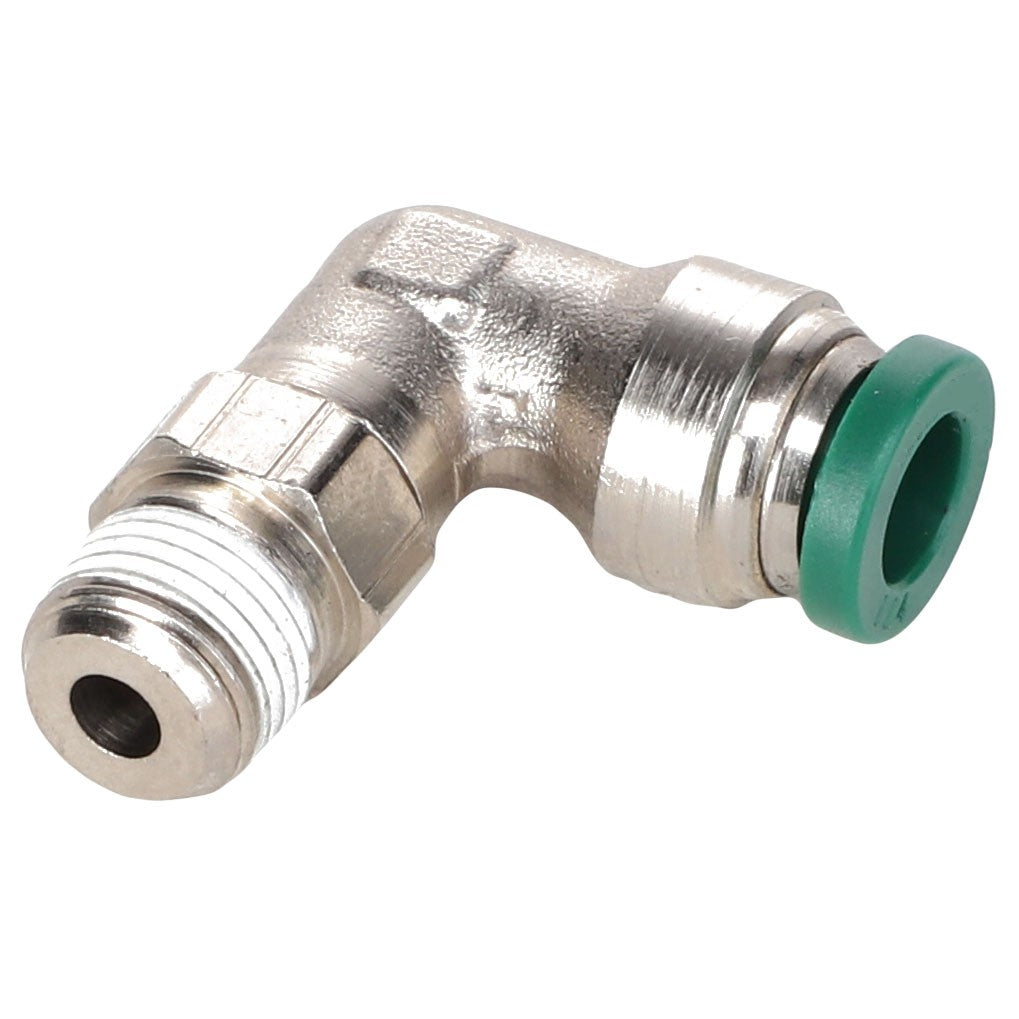 The AGCO | ELBOW - AG721837 is a metal L-shaped pipe fitting featuring a threaded male end and a green-ringed push-to-connect fitting. Note: No current product description information is available beyond this brief overview.