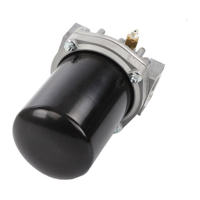 A cylindrical black automotive component with metal fittings and a valve on top, the AGCO Filter - 6207967M91, compatible with Massey Ferguson machinery.