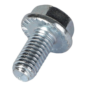 Close-up of the AGCO Hexagonal Bolt - Acw8777910 by AGCO, featuring a threaded shaft and a serrated flange, designed for secure fastening in industrial applications. No Current Product Description Information Is Available.