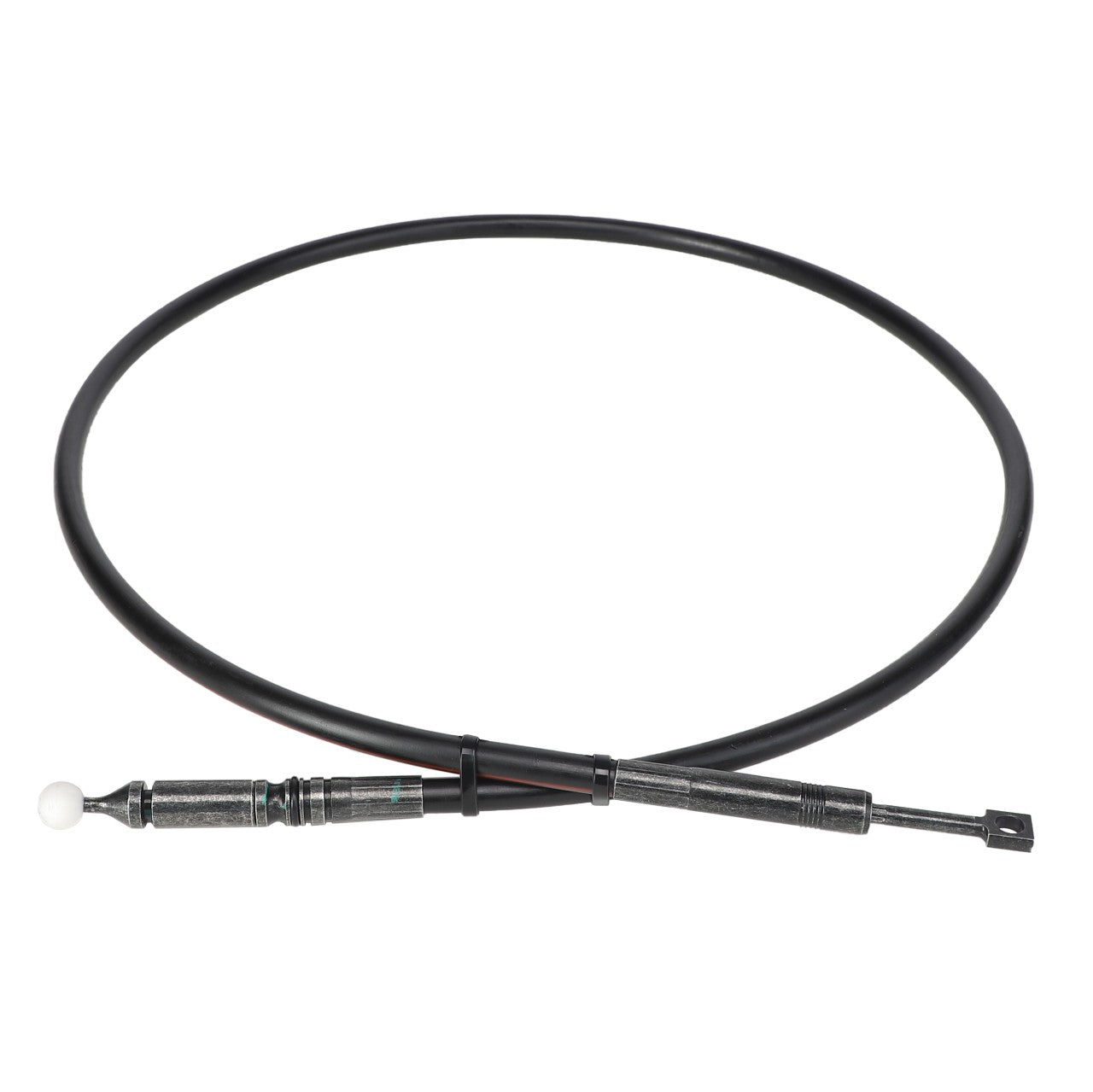 The AGCO Control Cable, Loader - AL5020941 is a black mechanical cable featuring metal fittings on each end, one round and one flat, ensuring operating safety through optimal integration.