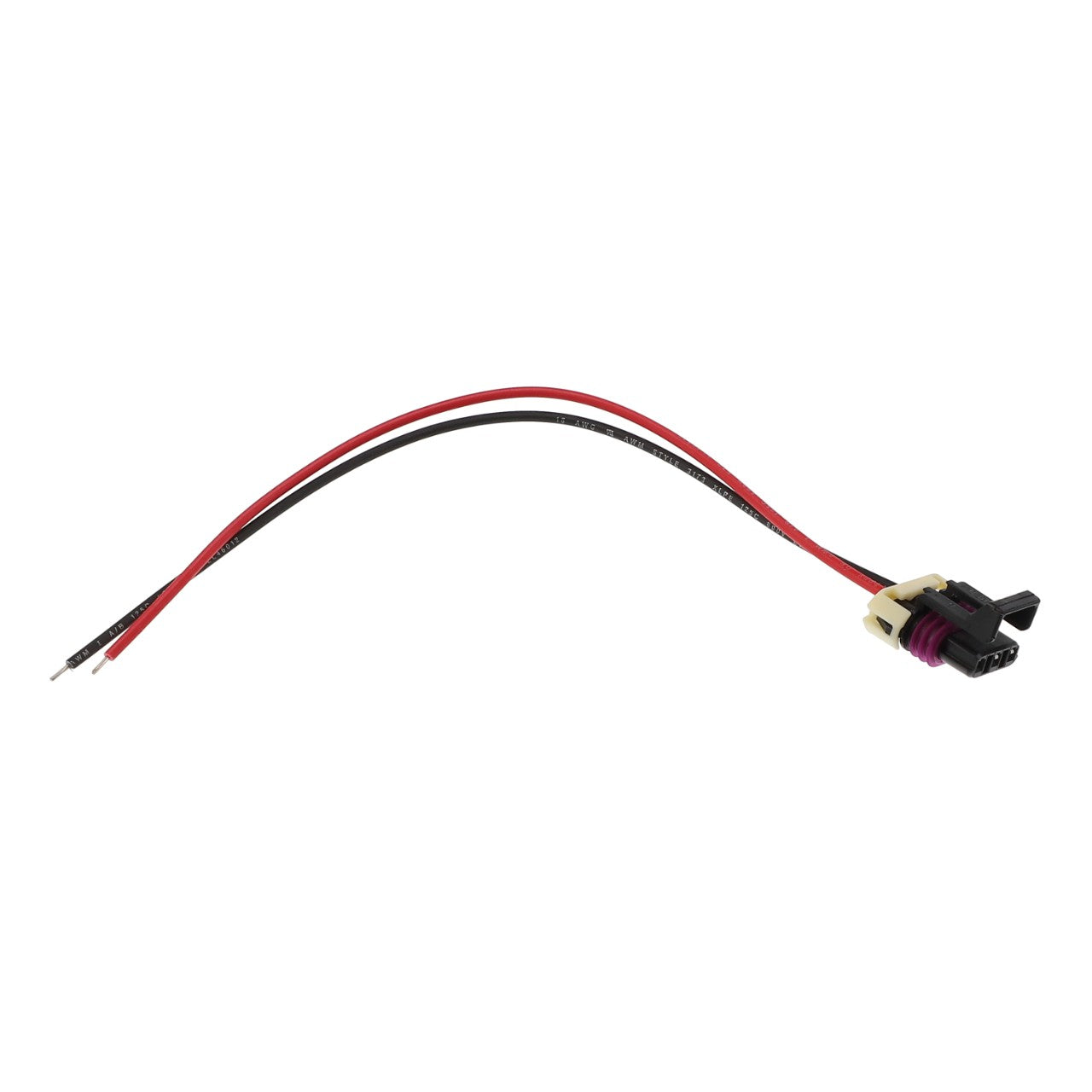 The AGCO | JUMPER HARNESS - ACP0226370 is a two-wire electrical connector featuring black and red wires connected to a compact plug at one end.