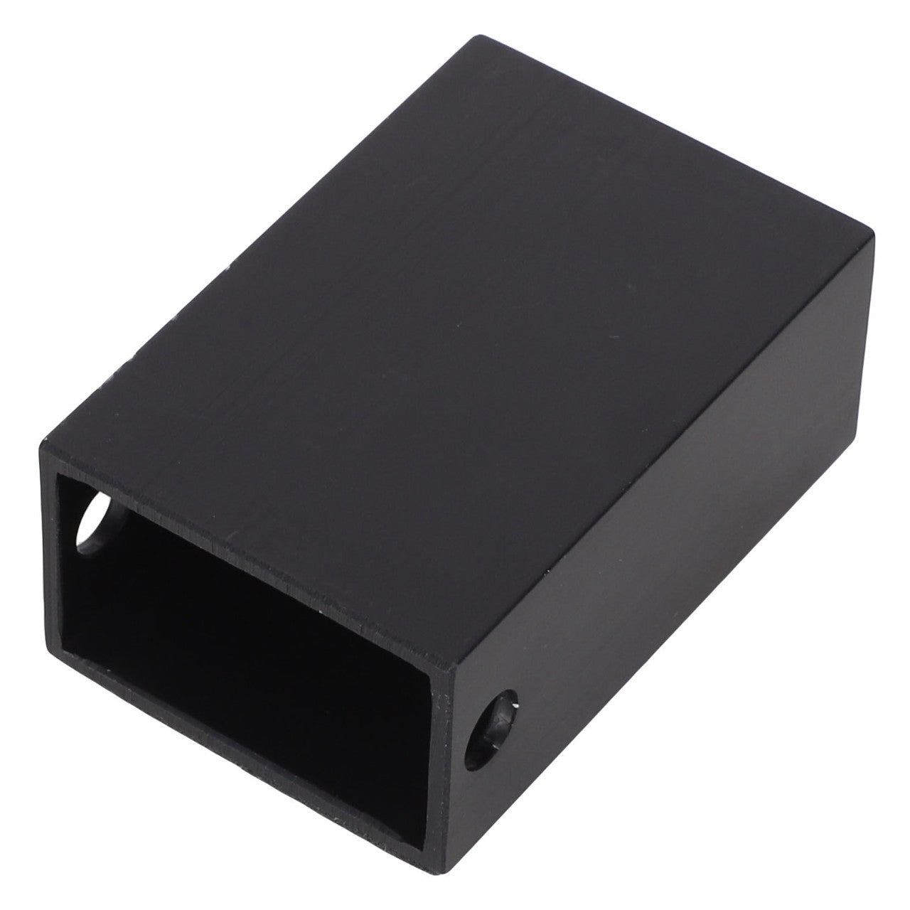 The AGCO | BRACKET - AL5201086 by AGCO is a rectangular black plastic enclosure with a hollow interior and two small holes on one side. No current information is available regarding its specific use or purpose.