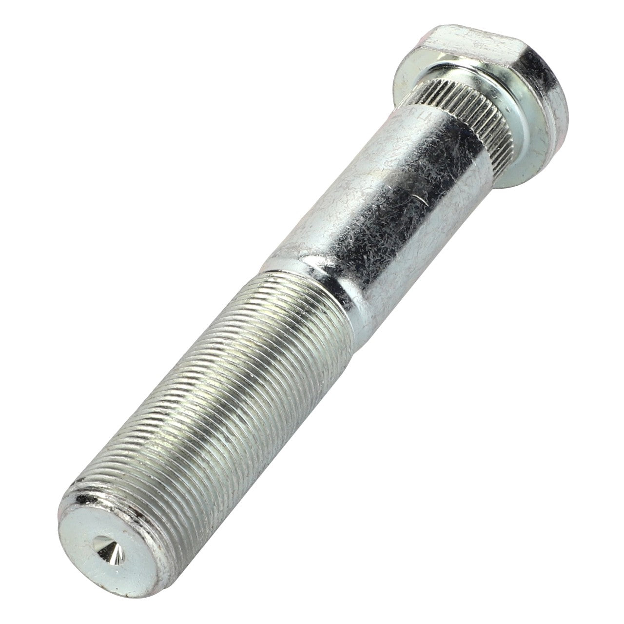 A close-up image of the AGCO | Stud Bolt - 3799456M1, a silver, hex-headed bolt with a threaded shaft and a partially smooth shank, reminiscent of the precision you’d find in Massey Ferguson machinery.