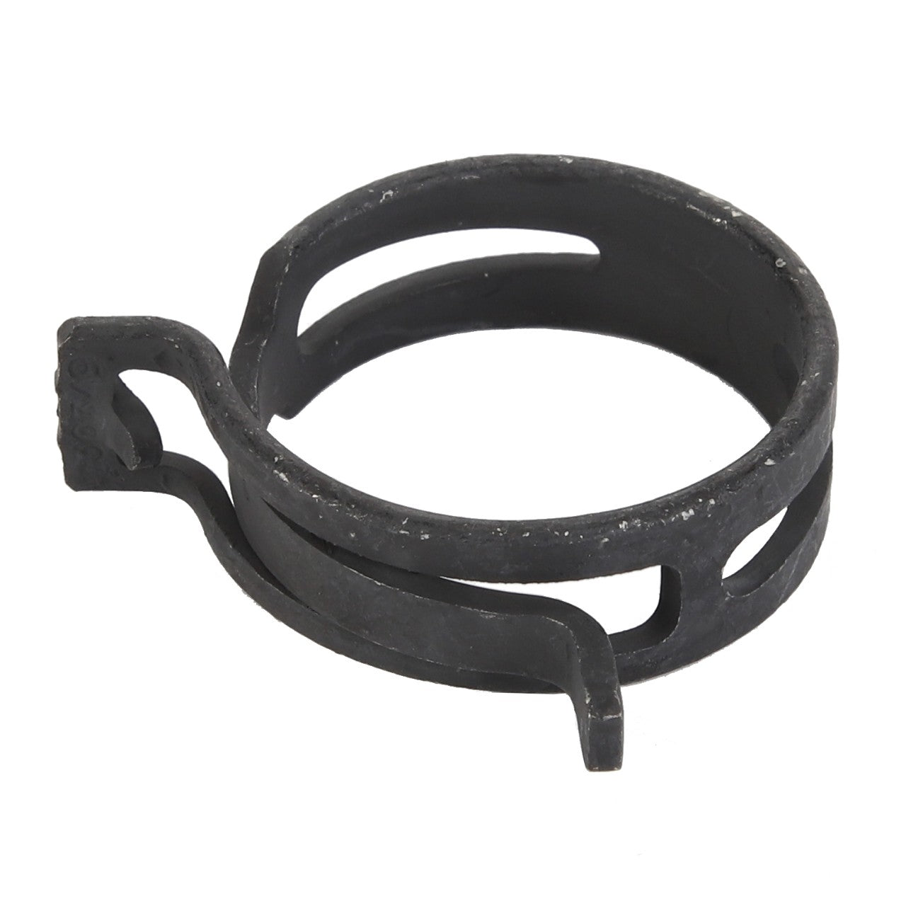 The AGCO Clip (Model F524880010220) is a sleek, black circular metal clamp featuring open slots around its circumference and a protruding tab on one side, making it an ideal choice for various applications.