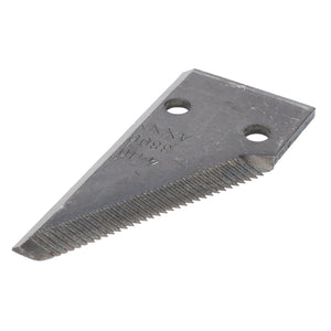 The AGCO Half Knife Section, Left - D44103800, made from high-quality steel with a serrated edge and two mounting holes, showcased on a white background.