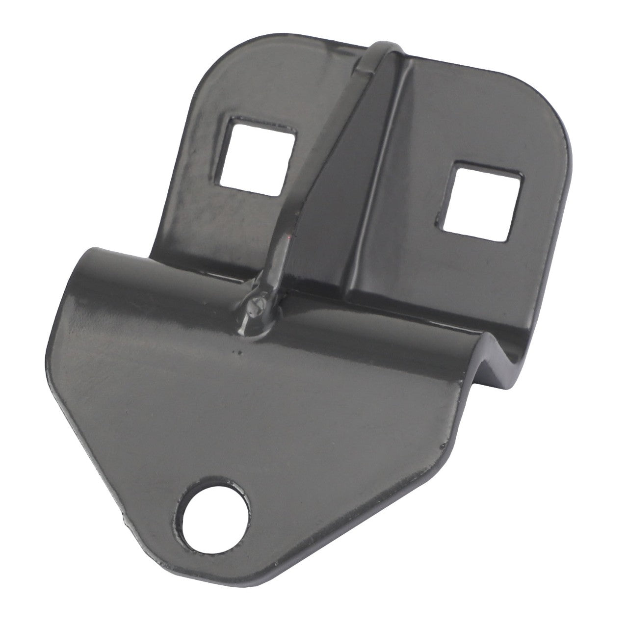 The AGCO | Actuator Bracket - Acw1955010, a black metal bracket featuring two square cutouts, one circular hole, and a folding hinge in the middle, exemplifies both functionality and design.