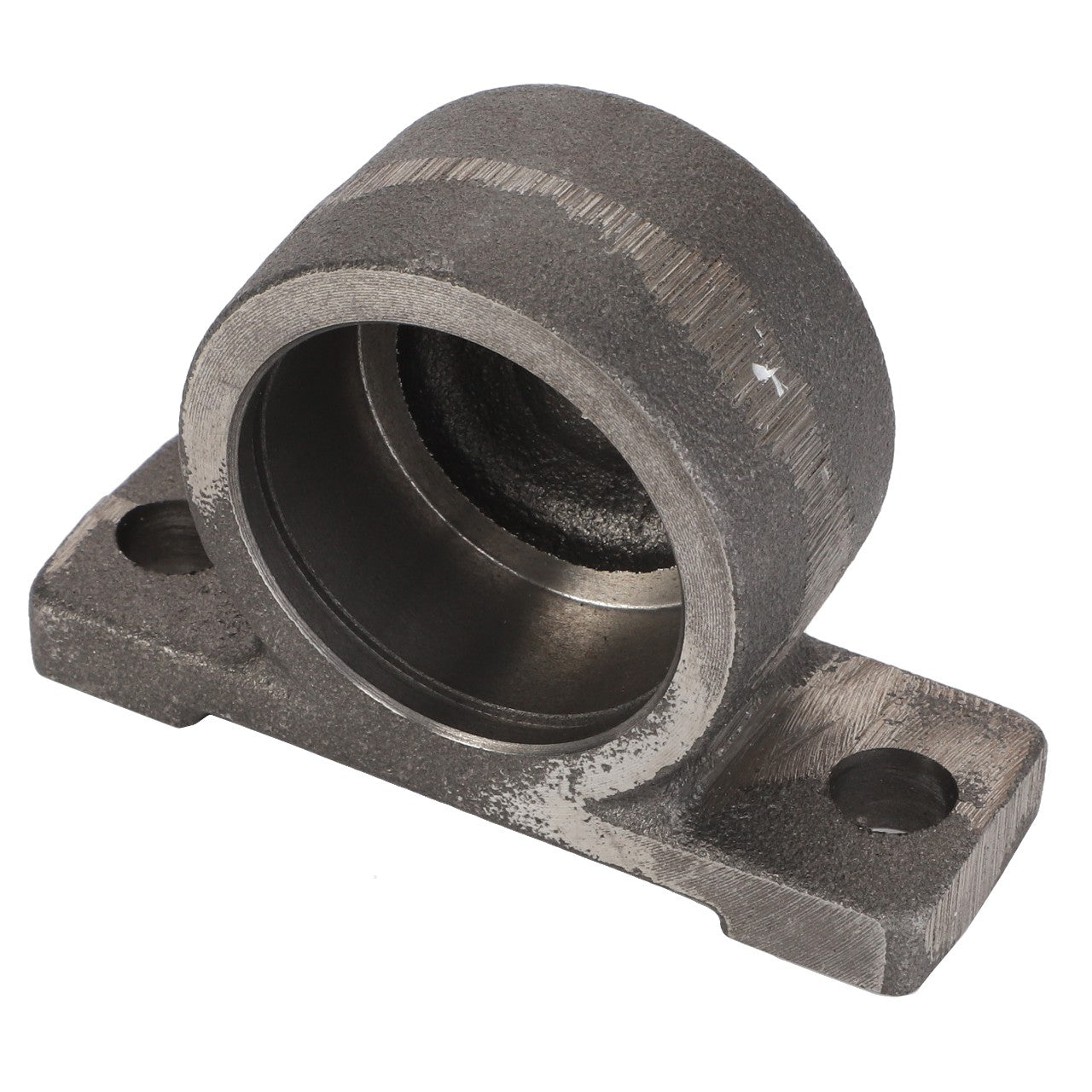 The AGCO BEARING HOUSING - D26736001, a precision-engineered component featuring two mounting holes and a cylindrical opening, is meticulously captured from an angled perspective.