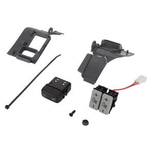 A set of AGCO automotive interior components, listed under ACTUATION - F931502030680, includes a harness, connectors, a switch with heated seat icons, plastic brackets, a zip tie, and a small screw. The provided product description lacks specific information about its functionality or design.