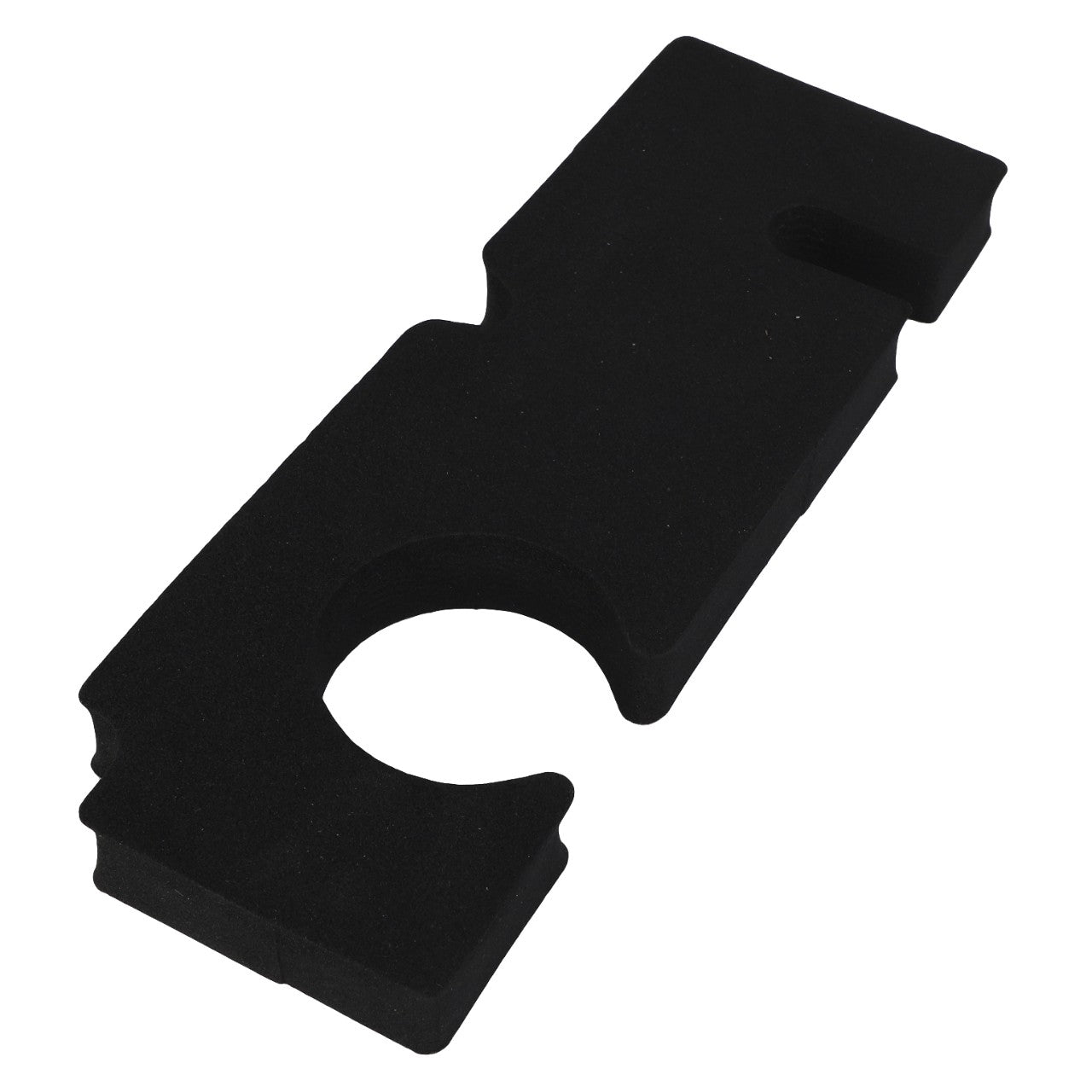 This image shows the AGCO Foam Seal - Acw0629360, a black rectangular foam insert with a large circular cutout and smaller notches.