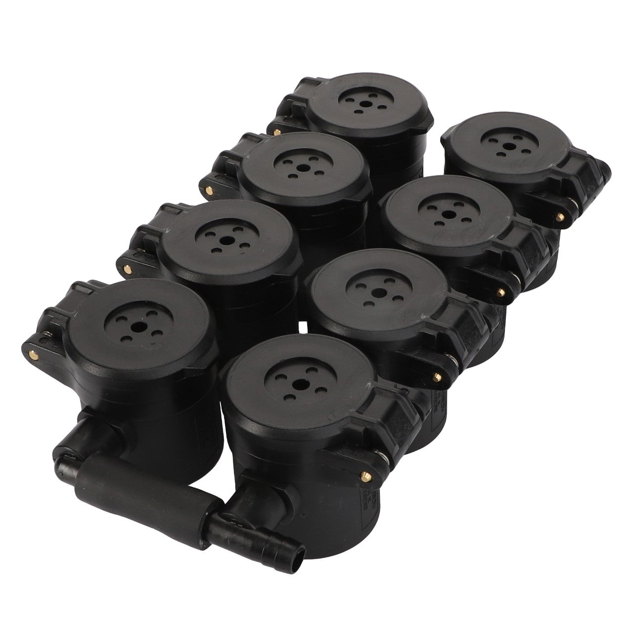 This product, the AGCO | Cap - Acp0671420 by AGCO, is a set of eight black round electrical connectors with multiple holes and attached cables, arranged neatly in two rows.