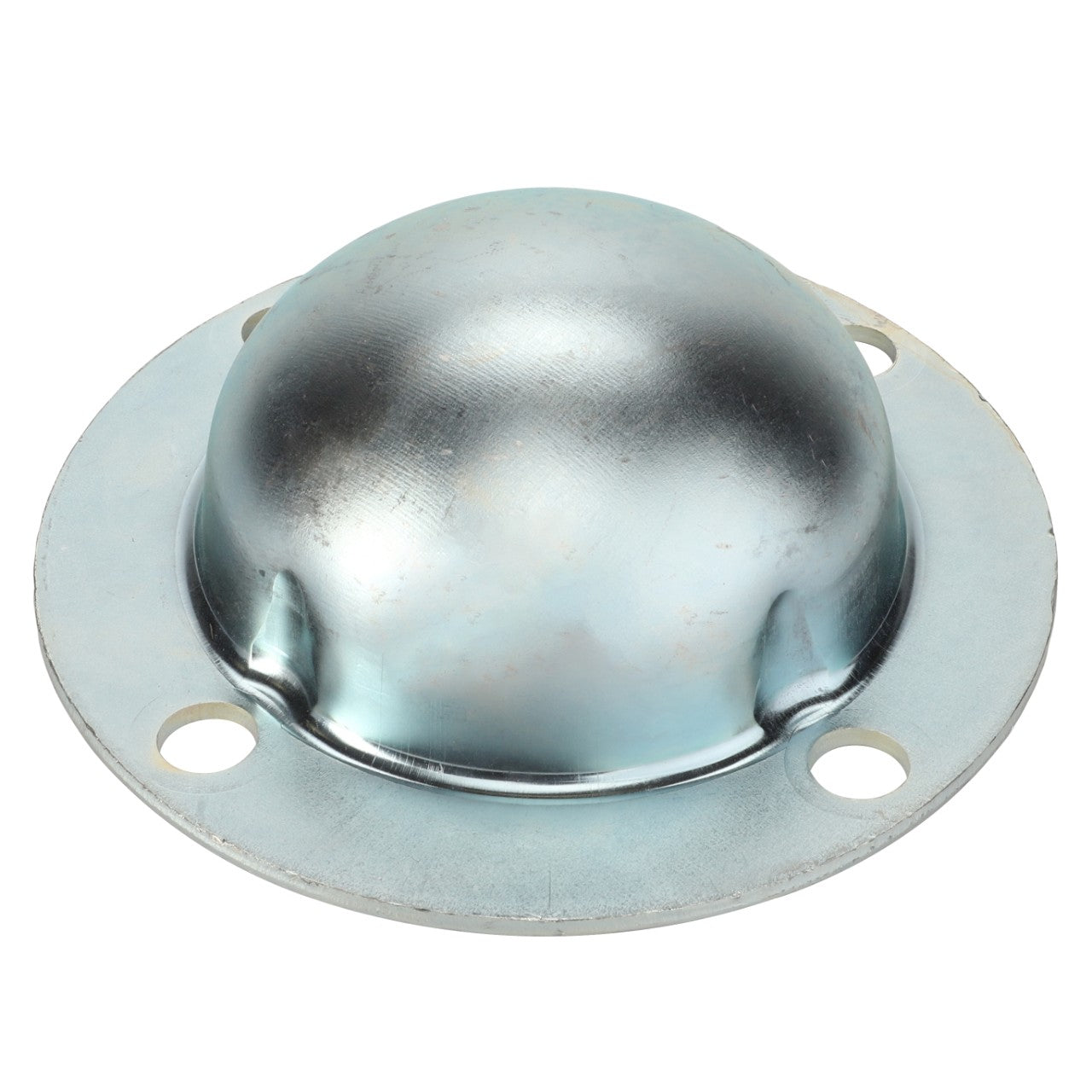 The AGCO Dust Cap - Acp0000830 by AGCO is a metallic half-sphere-shaped object mounted on a circular flat base with four evenly spaced holes. Current product description is unavailable.