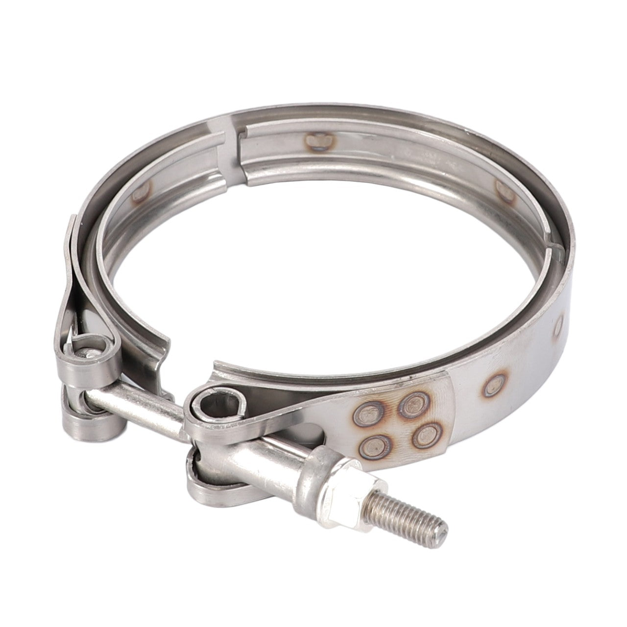 The AGCO V Clamp - V837074811 is a stainless steel V-band clamp with a bolt and nut fastener, specifically designed for connecting pipes on AGCO equipment, including Fendt models and Massey Ferguson tractors.