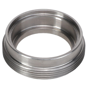 The AGCO Retaining Ring, model AG332710, features a smooth inner surface and a ridged exterior. This metallic threaded ring is likely utilized in mechanical or plumbing applications. No additional product description information is currently available.