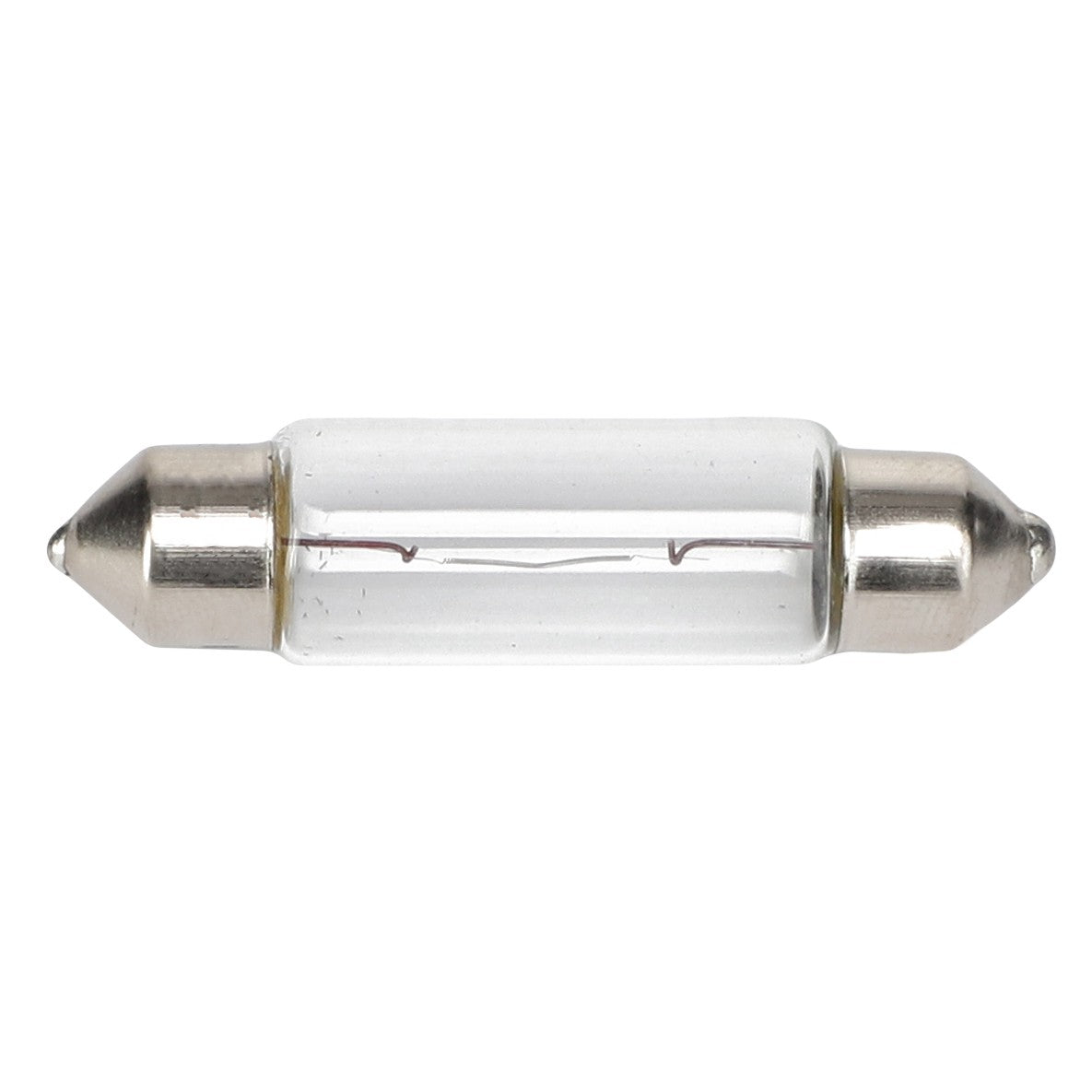 A close-up view of the AGCO | DOME LIGHT BULB - AG721357, featuring a cylindrical glass body with metallic caps on both ends.