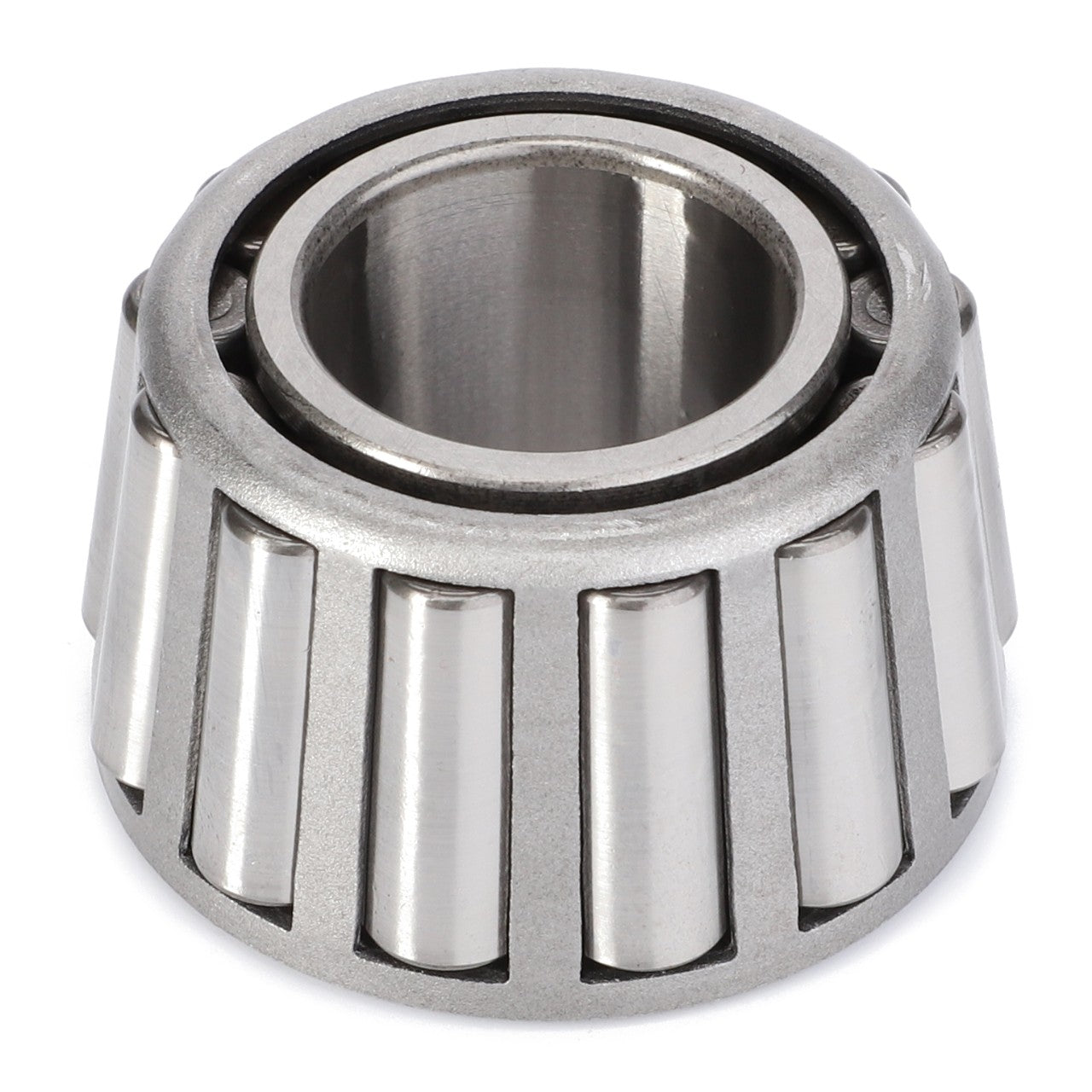 A close-up image of the AGCO Taper Roller Bearing - 3611475M1, showcasing a conical cage with cylindrical rollers. The polished metal surface reflects light beautifully. These bearings play an essential role in Massey Ferguson models and are highly esteemed in the off-road industry for their outstanding durability.