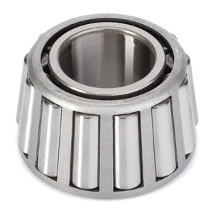 A close-up image of the AGCO Taper Roller Bearing - 3611475M1, showcasing a conical cage with cylindrical rollers. The polished metal surface reflects light beautifully. These bearings play an essential role in Massey Ferguson models and are highly esteemed in the off-road industry for their outstanding durability.