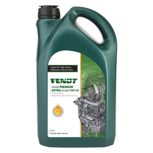 A 5-liter bottle of AGCO's Fendt Premium Extra Grade 10W-40 low SAPS synthetic engine oil (product code FX991500445) featuring a green design with a black cap and an engine graphic on the label, ideal for use with Diesel Particulate Filters (DPF).