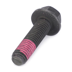 Close-up of the AGCO Hex Head Bolt - 3016599X1 for Massey Ferguson models, showcasing pink threadlocker residue near the tip, a black metal finish, and a serrated flange.