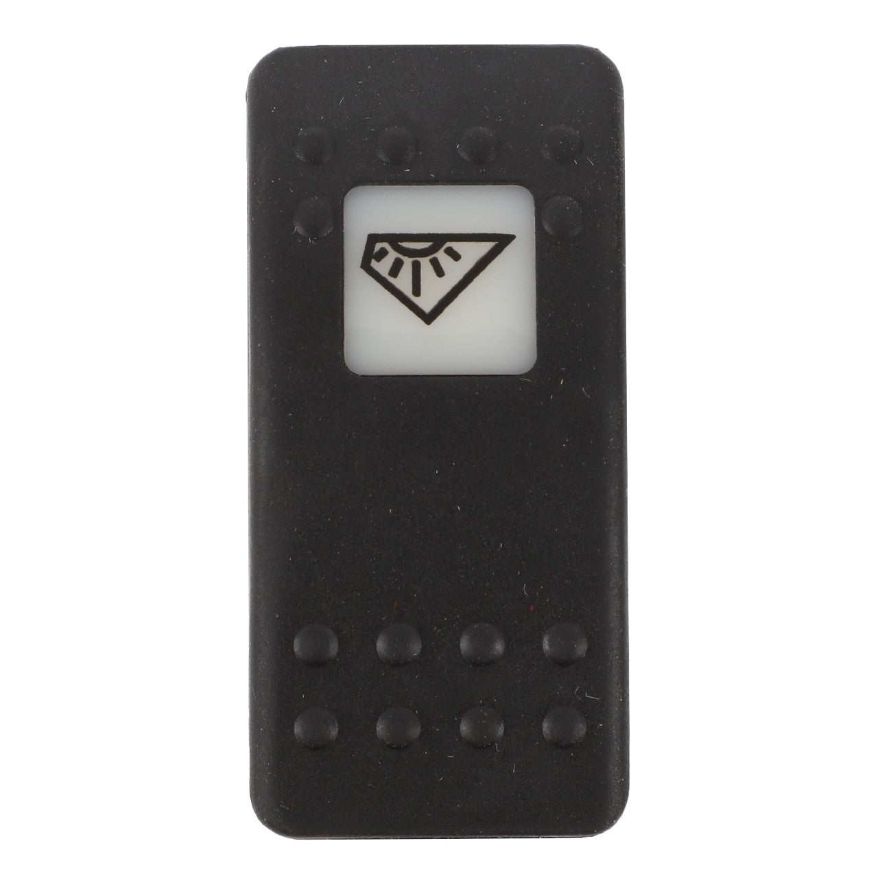 The AGCO SWITCH - D45050022 is a black plastic remote control button featuring a diamond-shaped symbol with radiating lines on a white background. This rectangular button includes four dots surrounding the symbol.