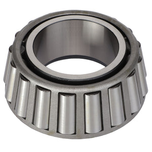 Close-up view of the AGCO BEARING CONE - AG721071, a metal tapered roller bearing with a polished silver finish, designed to handle both thrust loads and radial loads efficiently, featuring evenly spaced rollers around its circumference.