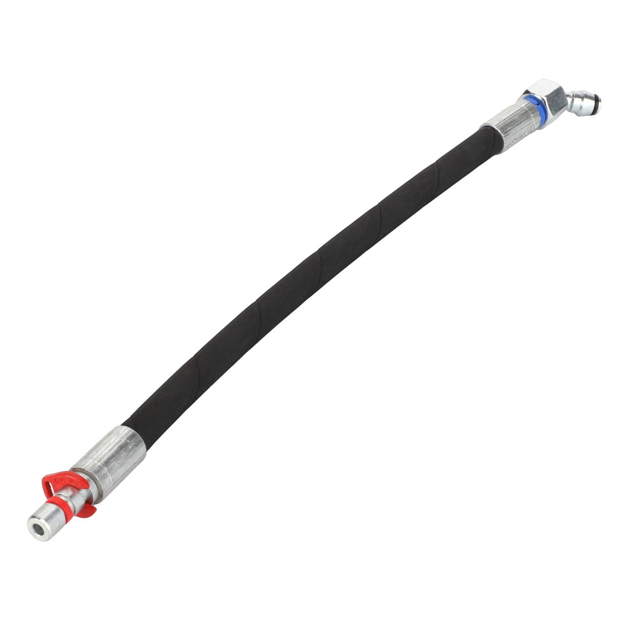 The AGCO Hose - Acw7459920 by AGCO is a flexible black hose equipped with metal connectors on both ends, featuring one angled connector and one straight connector with a red lever.