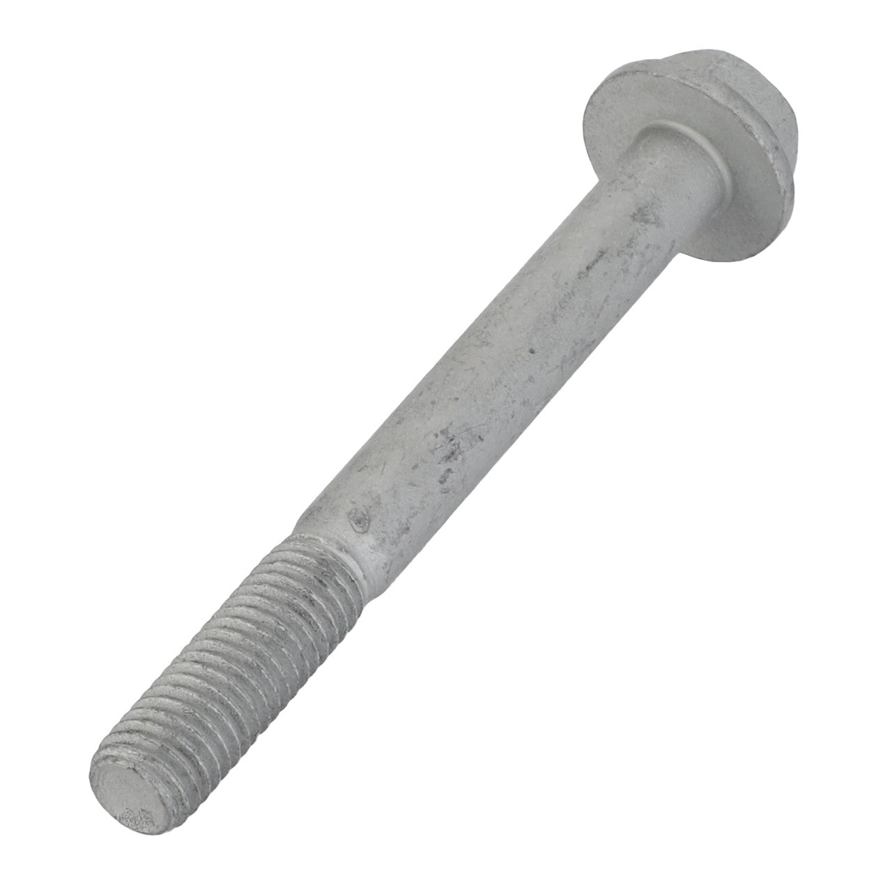 A close-up of the AGCO Hex Flange Head Machine Screw - Acw1062030, featuring a hexagonal head and a threaded shaft, set against a pristine white background.