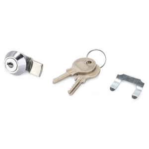 The AGCO | LOCK - D43423000 from AGCO, featuring a sturdy cam lock, two keys on a keyring, and a sleek metal locking clip, is thoughtfully displayed against a pristine white background.