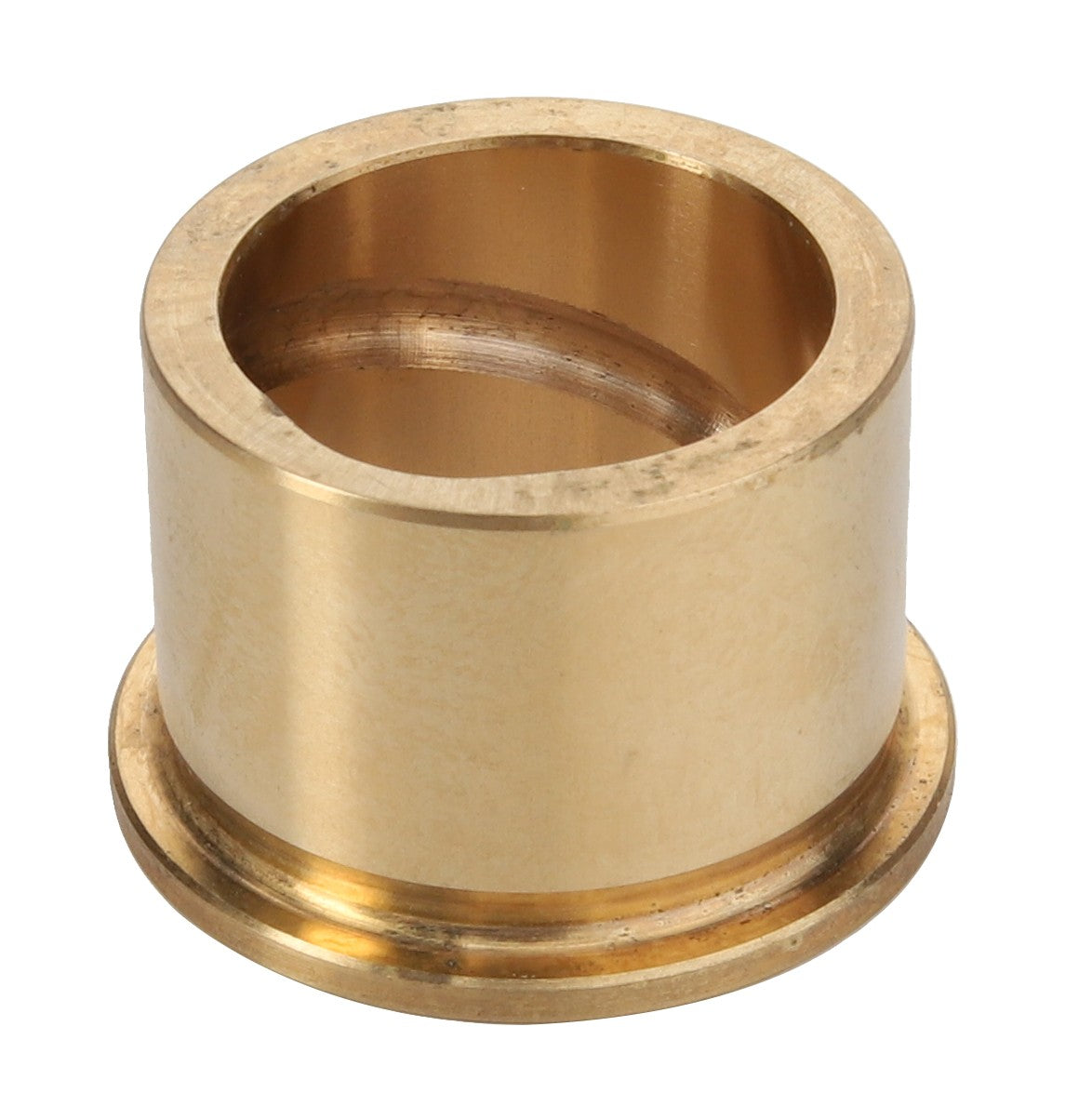 The AGCO | BUSH - D44126100 by AGCO is a brass cylindrical bushing featuring a flanged edge, designed for use in mechanical applications to reduce friction between rotating parts.