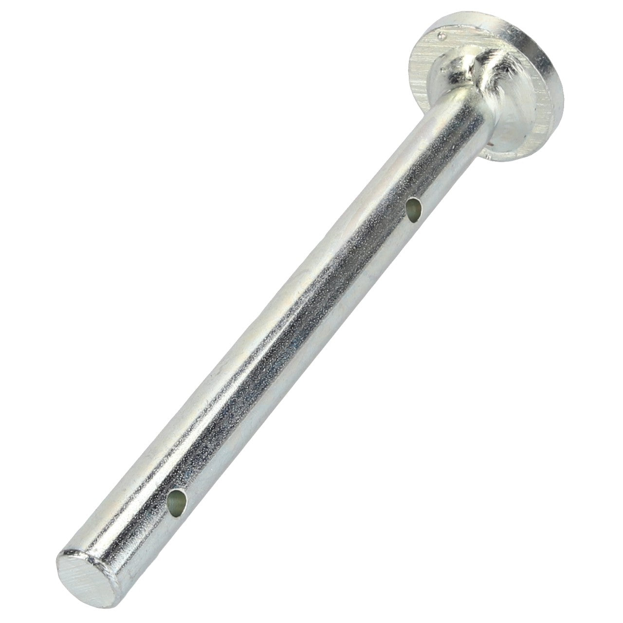 The AGCO Spring Pin - Acp0017950 is a metal cylindrical rod featuring a flat circular head on one end and two small holes along its length. Currently, there is no detailed product description available for this item.