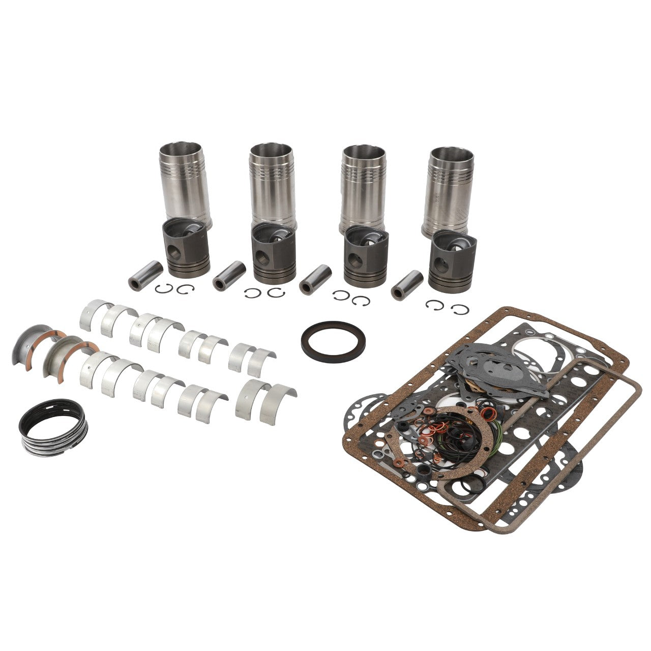 The AGCO | Engine Overhaul Kit - V836139424, featuring a collection of pistons, cylinder liners, bearings, gaskets, and seals is arranged on a white background.