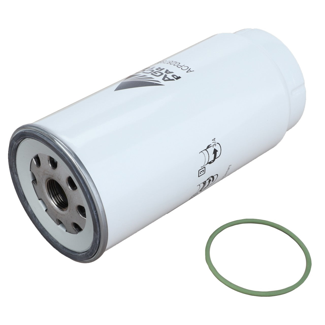 A cylindrical white automotive AGCO fuel filter (model Acp0287890) with threaded holes on one end lies next to an olive-green rubber gasket. No current product description available.