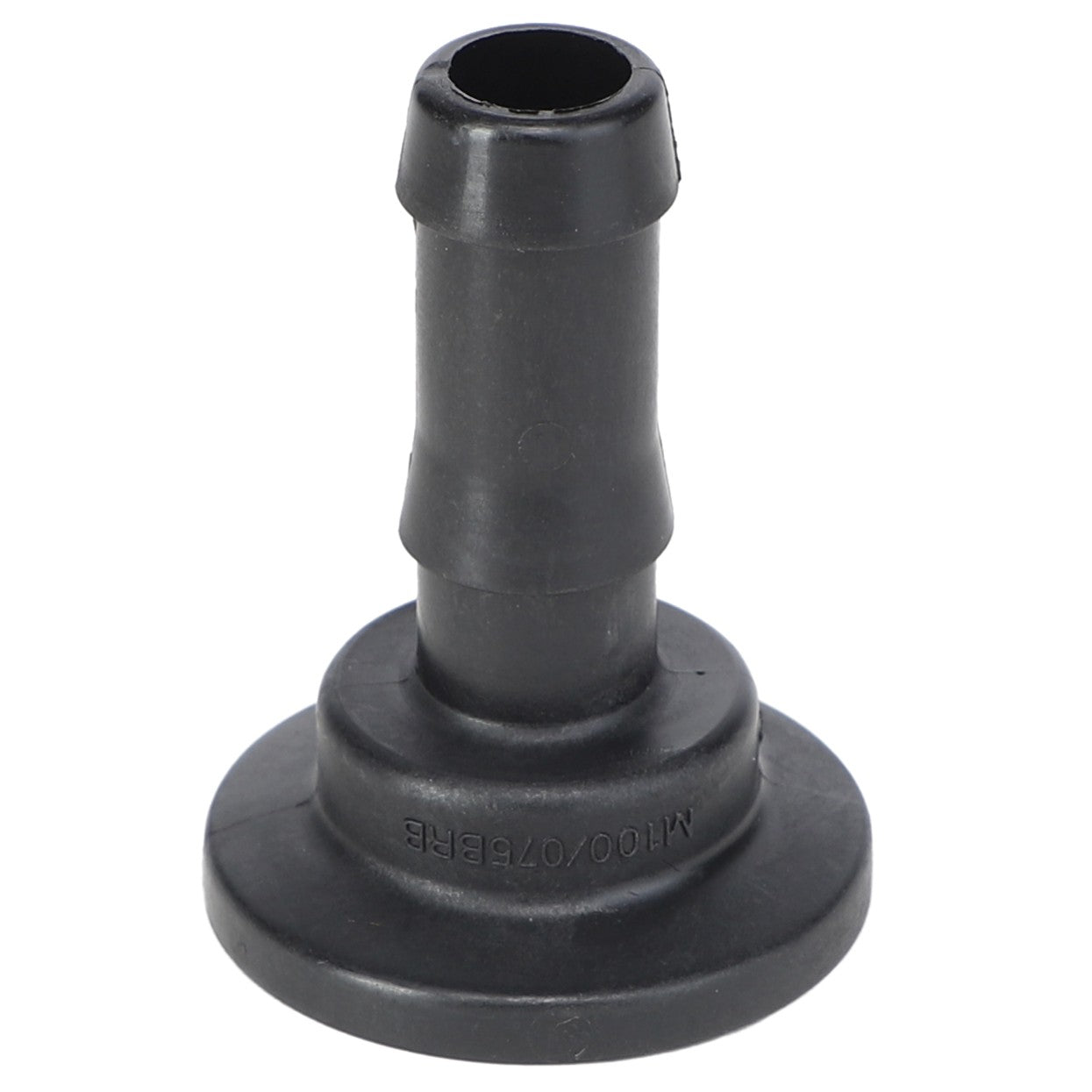 The AGCO Reducer Bush - Ag056271, a black rubber hose connector featuring a flared base and a cylindrical tube extending from the middle, is highly durable and versatile, although its current product description does not fully convey these attributes.