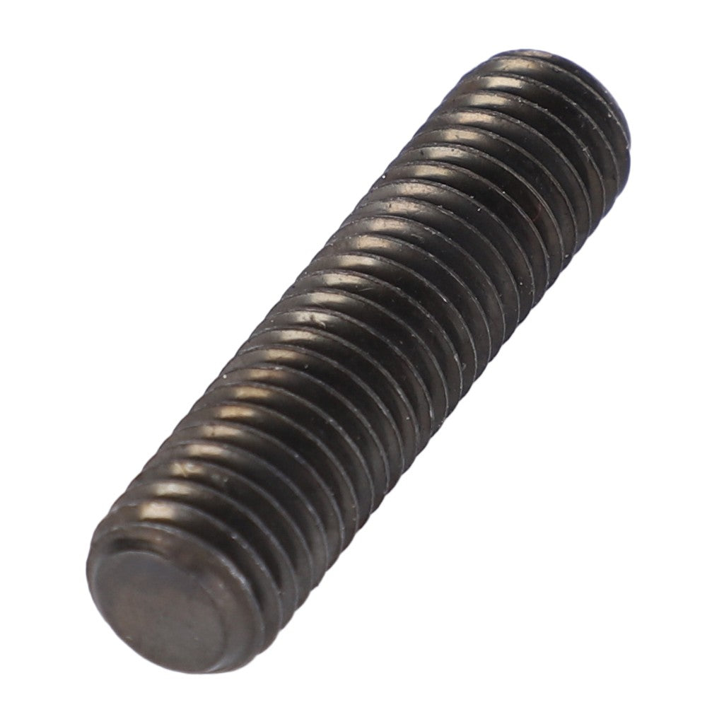 The AGCO | Threaded Pin - X412824201000 is a cylindrical, metal, dark-finished rod with ridges along its length, designed for screwing applications and ideal for use in Massey Ferguson models.