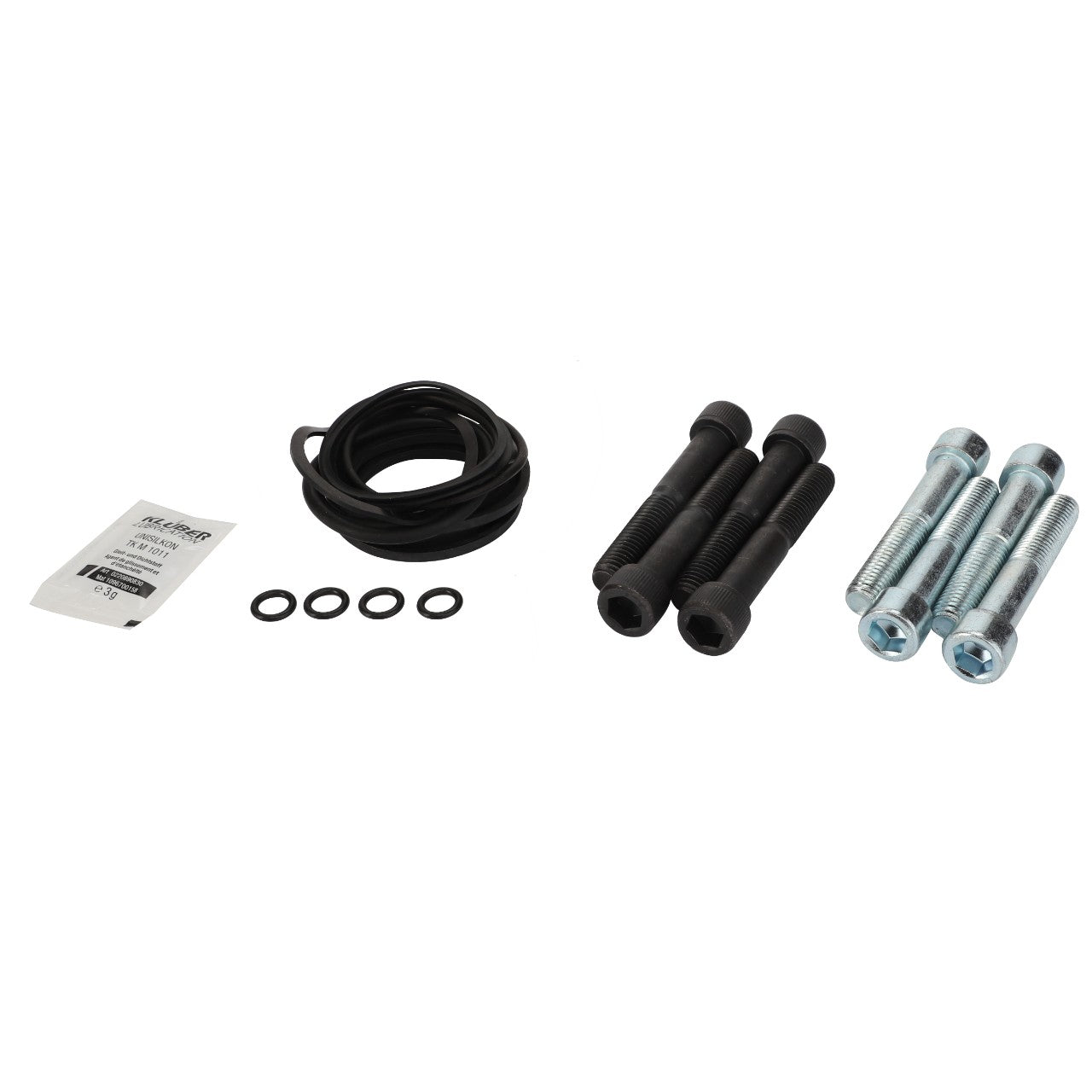 AGCO | Gasket Kit - Acw1434350 by AGCO includes various engine mounting hardware such as two sets of bolts, four O-rings, a packet of lubricant, and a durable black rubber gasket.