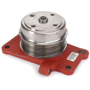 AGCO's AGCO Ball Bearing - Fan - F731200040060 is a metallic automotive part featuring a circular, ridged section and a red mounting base, complete with a barcode sticker and genuine bearings.