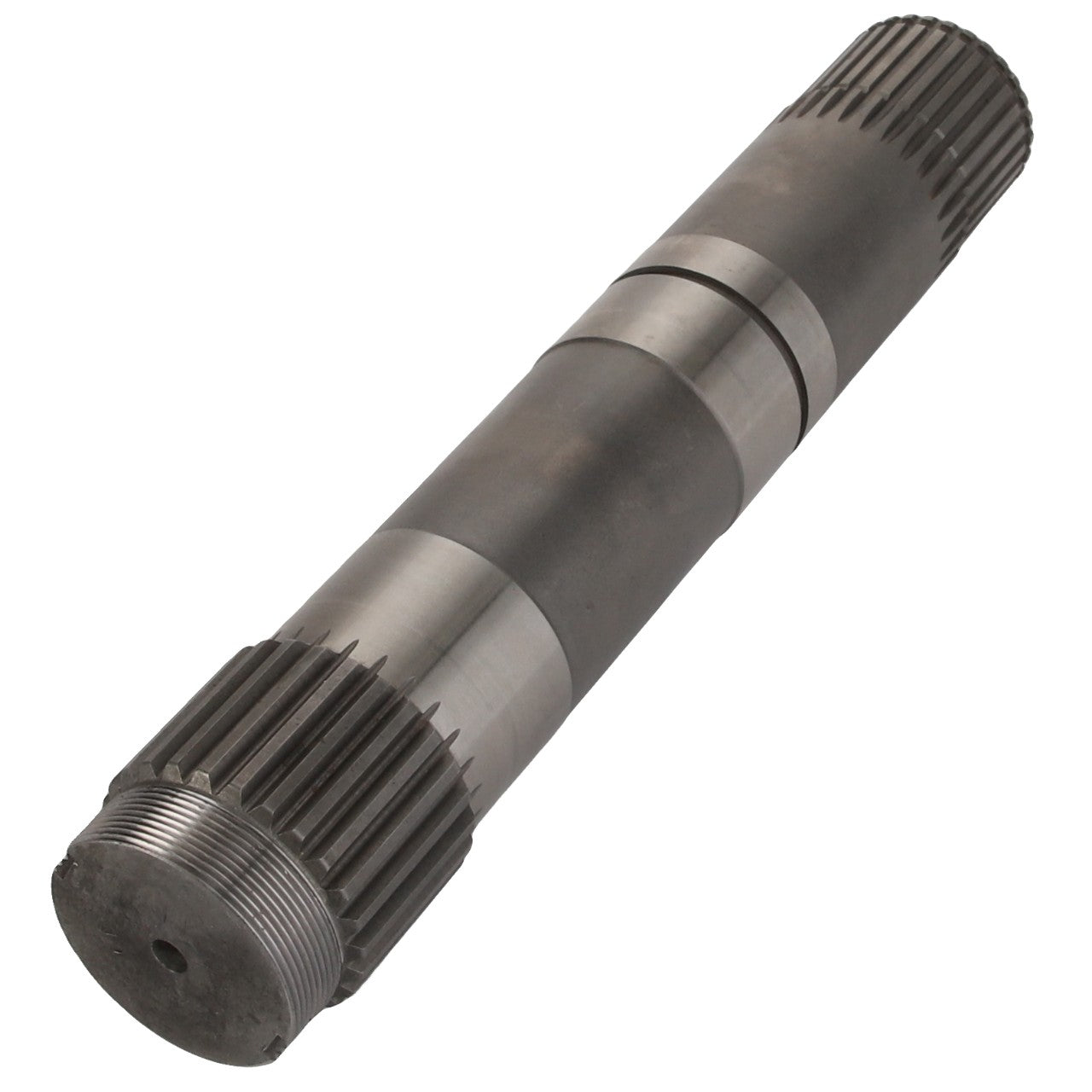 The AGCO Shaft - Acp0444700, a metallic cylindrical gear shaft with ridges and threading on both ends, currently does not have an available product description.