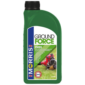 A green 1-liter bottle of AGCO Oil - VACC3218, a semi-synthetic 2-stroke engine oil designed for garden equipment like chainsaws and lawnmowers; this versatile oil is also compatible with Fendt, Valtra, and Massey Ferguson machinery.